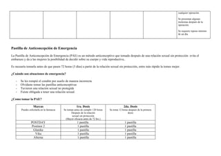 cualquier operación.

                                                                                                                                      Se presentan algunas
                                                                                                                                      molestias después de la
                                                                                                                                      operación.

                                                                                                                                      Se requiere reposo mínimo
                                                                                                                                      de un día.




Pastilla de Anticoncepción de Emergencia

La Pastilla de Anticoncepción de Emergencia (PAE) es un método anticonceptivo que tomado después de una relación sexual sin protección evita el
embarazo y da a las mujeres la posibilidad de decidir sobre su cuerpo y vida reproductiva..

Es necearía tomarla antes de que pasen 72 horas (3 días) a partir de la relación sexual sin protección, entre más rápido la tomes mejor.

¿Cuándo son situaciones de emergencia?

   -   Se les rompió el condón por usarlo de manera incorrecta
   -   Olvidaste tomar las pastillas anticonceptivas
   -   Tuvieron una relación sexual no protegida
   -   Fuiste obligada a tener una relación sexual.

¿Como tomar la PAE?

                   Marcas                              1ra. Dosis                             2da. Dosis
        Puedes solicitarla en la farmacia   Se toman antes de cumplir 120 horas   Se toma 12 horas después de la primera
                                                  Después de la relación                          dosis
                                                   sexual sin protección
                                              (Mayor eficacia antes de 72 hrs.)
                 POSTDAY                               1 pastilla                              1 pastilla
                 Postinor 2                            1 pastilla                              1 pastilla
                  Glanike                              1 pastilla                              1 pastilla
                   Vika                                1 pastilla                              1 pastilla
                  Alterna                              1 pastilla                              1 pastilla
 