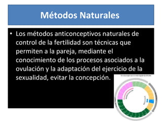 Métodos Naturales  Los métodos anticonceptivos naturales de control de la fertilidad son técnicas que permiten a la pareja, mediante el conocimiento de los procesos asociados a la ovulación y la adaptación del ejercicio de la sexualidad, evitar la concepción.  