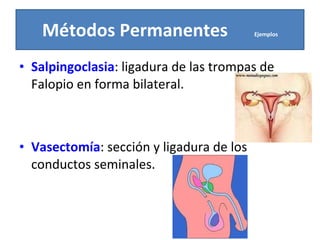 Salpingoclasia : ligadura de las trompas de Falopio en forma bilateral . Vasectomía : sección y ligadura de los conductos seminales. Métodos Permanentes  Ejemplos 