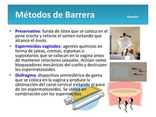 Preservativo : funda de látex que se coloca en el pene erecto y retiene el semen evitando que alcance el óvulo. Espermicidas vaginales : agentes químicos en forma de jaleas, cremas, espumas o supositorios que se colocan en la vagina antes de mantener relaciones sexuales. Actúan como bloqueadores mecánicos del cuello y destruyen los espermatozoides. Diafragma : dispositivo semiesférico de goma que se coloca en la vagina y produce la obstrucción del canal cervical evitando el paso de los espermatozoides. Se utiliza en combinación con los espermicidas. Métodos de Barrera  Ejemplos   