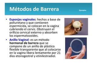 Esponjas vaginales : hechas a base de poliuretano y que contienen espermicida, se colocan en la vagina cubriendo el cerviz. Obstruyen el orificio cervical externo y absorben los espermatozoides. Anillo Vaginal : es un método  hormonal de barrera  que se compone de un anillo de plástico flexible transparente que al colocarse en la vagina libera lentamente por 21 días etonogestrel y etinilestradiol.  Métodos de Barrera  Ejemplos   