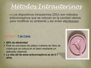 Métodos Intrauterinos
     Los dispositivos intrauterinos (DIU) son métodos
    anticonceptivos que se colocan en la cavidad uterina
    para modificar su ambiente y así evitar elembarazo.



Ejemplo: T de Cobre
 98% de efectividad
 Éste es una pieza de platico cubierta de hilos de
  cobre que se coloca en el útero mediante un
  aplicador especial.
 La vida útil de estos anticonceptivos es de 5-7
  años.
 