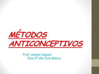 MÉTODOS
ANTICONCEPTIVOS
  Prof. Anabel Cagnani
     Para 3º año Ciclo Básico
 