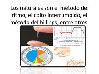 Los naturales son el método del
ritmo, el coito interrumpido, el
método del billings, entre otros.

 