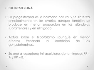 • PROGESTERONA 
• La progesterona es la hormona natural y se sintetiza 
principalmente en los ovarios aunque también se 
produce en menor proporción en las glándulas 
suprarrenales y en el hígado. 
• Actúa sobre el hipotálamo (aunque en menor 
efecto) frenando la liberación de las 
gonadotropinas. 
• Se une a receptores intracelulares denominados RP – 
A y RP – B. 
 