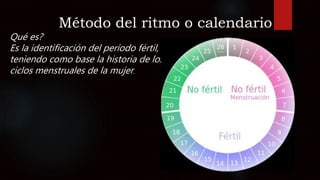 Método del ritmo o calendario
Qué es?
Es la identificación del período fértil,
teniendo como base la historia de los
ciclos menstruales de la mujer.
 