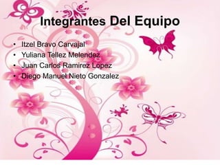 Integrantes Del Equipo
•   Itzel Bravo Carvajal
•   Yuliana Tellez Melendez
•   Juan Carlos Ramirez Lopez
•   Diego Manuel Nieto Gonzalez
 