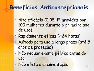 32
Benefícios Anticoncepcionais
• Alta eficácia (0.05–1* gravidez por
100 mulheres durante o primeiro ano
de uso)
• Rapidamente eficaz (< 24 horas)
• Método para uso a longo prazo (até 5
anos de proteção)
• Não requer exame pélvico antes do
uso
• Não afeta a amamentação
 