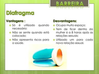 



Só é utilizado quando
necessário;
Não se sente quando está
colocado;
Não apresenta riscos para
a saúde.






Ocupa muito espaço;
Tem de ficar dentro da
mulher 6 a 8 horas após as
relações sexuais;
Utilizado um para cada
nova relação sexual.

 