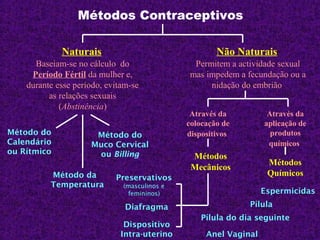Métodos Contraceptivos
Naturais
Baseiam-se no cálculo do
Período Fértil da mulher e,
durante esse período, evitam-se
as relações sexuais
(Abstinência)
Não Naturais
Permitem a actividade sexual
mas impedem a fecundação ou a
nidação do embrião
Método do
Calendário
ou Rítmico
Método da
Temperatura
Método do
Muco Cervical
ou Billing
Através da
colocação de
dispositivos
Através da
aplicação de
produtos
químicos
Métodos
Mecânicos
Métodos
Químicos
Preservativos
(masculinos e
femininos)
Diafragma
Dispositivo
Intra-uterino
Espermicidas
Pílula
Anel Vaginal
Pílula do dia seguinte
 