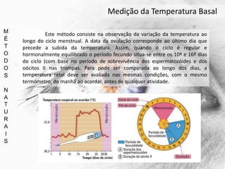 M
É
T
O
D
O
S
N
A
T
U
R
A
I
S
Medição da Temperatura Basal
Este método consiste na observação da variação da temperatura ao
longo do ciclo menstrual. A data da ovulação corresponde ao último dia que
precede a subida da temperatura. Assim, quando o ciclo é regular e
hormonalmente equilibrado o período fecundo situa-se entre os 10º e 16º dias
do ciclo (com base no período de sobrevivência dos espermatozóides e dos
oócitos II nas trompas. Para pode ser comparada ao longo dos dias, a
temperatura retal deve ser avaliada nas mesmas condições, com o mesmo
termómetro, de manhã ao acordar, antes de qualquer atividade.
 