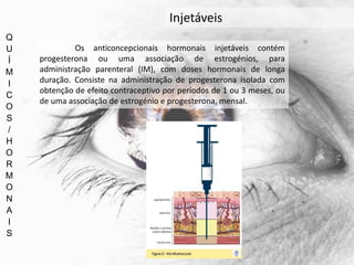 Q
U
Í
M
I
C
O
S
/
H
O
R
M
O
N
A
I
S
Injetáveis
Os anticoncepcionais hormonais injetáveis contém
progesterona ou uma associação de estrogénios, para
administração parenteral (IM), com doses hormonais de longa
duração. Consiste na administração de progesterona isolada com
obtenção de efeito contraceptivo por períodos de 1 ou 3 meses, ou
de uma associação de estrogénio e progesterona, mensal.
 