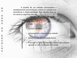 N
A
H
O
R
A
D
A
E
S
C
O
L
H
A
…
A escolha de um método contraceptivo é
completamente personalizada e deve ser tomada com
consciência e responsabilidade. Esta escolha deve ter
em conta os seguintes fatores:
• Idade
• Número de Filhos
• Compreensão e tolerância ao método
• Desejo ou não de procriação futura
• Presença ou não de doenças crónicas que possam
agravar-se com a utilização do método
 