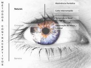 M
É
T
O
D
O
S
C
O
N
T
R
A
C
E
P
T
I
V
O
S
Naturais
Hormonais
Cirúrgicos
Barreira
Abstinência Periódica
Coito Interrompido
Temperatura Basal
Observação do Muco
Cervical
 