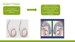 VASECTOMIA
É um método
contraceptivo cirúrgico e
definitivo
Realiza-se, no homem,
através de corte dos canais
deferentes, impedindo, a
presença doa
espermatozóides no líquido
ejaculado.
 