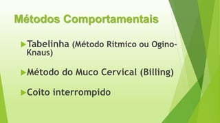 Métodos Comportamentais
Tabelinha (Método Rítmico ou Ogino-
Knaus)
Método do Muco Cervical (Billing)
Coito interrompido
 