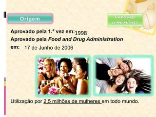 Aprovado pela 1.ª vez em:
Aprovado pela Food and Drug Administration
em:
Utilização por 2,5 milhões de mulheres em todo mundo.
1998
17 de Junho de 2006
Implante
subcutâneo
 
