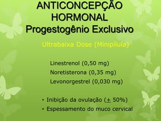 ANTICONCEPÇÃO
HORMONAL
Progestogênio Exclusivo
Ultrabaixa Dose (Minipílula)
Linestrenol (0,50 mg)
Noretisterona (0,35 mg)
Levonorgestrel (0,030 mg)
• Inibição da ovulação (+ 50%)
• Espessamento do muco cervical
 