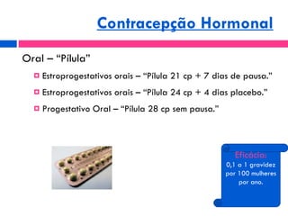 Contracepção Hormonal <ul><li>Oral – “Pílula” </li></ul><ul><ul><li>Estroprogestativos orais – “Pílula 21 cp + 7 dias de p...