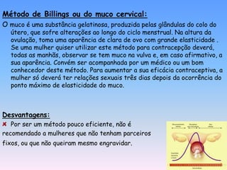 Método de Billings ou do muco cervical:
O muco é uma substância gelatinosa, produzida pelas glândulas do colo do
  útero, que sofre alterações ao longo do ciclo menstrual. Na altura da
  ovulação, toma uma aparência de clara de ovo com grande elasticidade .
  Se uma mulher quiser utilizar este método para contracepção deverá,
  todas as manhãs, observar se tem muco na vulva e, em caso afirmativo, a
  sua aparência. Convém ser acompanhada por um médico ou um bom
  conhecedor deste método. Para aumentar a sua eficácia contraceptiva, a
  mulher só deverá ter relações sexuais três dias depois da ocorrência do
  ponto máximo de elasticidade do muco.



Desvantagens:
   Por ser um método pouco eficiente, não é
recomendado a mulheres que não tenham parceiros
fixos, ou que não queiram mesmo engravidar.
 