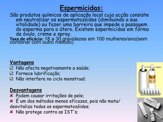 Espermicidas:
São produtos químicos de aplicação local cuja acção consiste
   em neutralizar os espermatozóides (diminuindo a sua
   vitalidade) ou fazer uma barreira que impede a passagem
   do esperma para o útero. Existem espermicidas em forma
   de óvulo, creme e spray.
Taxa de eficácia: 18 a 30 gravidezes em 100 mulheres/ano(sem
combinar com outro método)



Vantagens
  Não afecta negativamente a saúde;
  Fornece lubrificação;
  Não interfere no ciclo menstrual;

Desvantagens
  Podem causar irritações de pele;
  É um dos métodos menos eficazes, pois não mata/
desvitaliza todos os espermatozóides;
  Não protege contra as IST's;
 