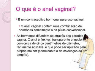 Como funciona?O anel liberta dois tipos de hormonas de uma forma contínua que são absorvidas para a corrente sanguínea. As hormonas libertadas evitam que se liberte os óvulos dos ovários e assim se de a fecundação.