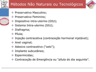 Métodos Não Naturais ou Tecnológicos

 Preservativo Masculino;
 Preservativo Feminino;
 Dispositivo intra-uterino (DIU);
 Sistema Intra-uterino (SIU);
 Diafragma;
 Pílula;
 Injeção contracetiva (contraceção hormonal injetável);
 Anel vaginal;
 Adesivo contracetivo (“selo”);
 Implante subcutâneo;
 Espermicidas;
 Contraceção de Emergência ou “pílula do dia seguinte”.
 