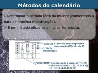 Métodos do calendário

   Determinar o período fértil da mulher (conhecendo a
data da próxima menstruação).
 É um método eficaz se e mulher for regular.
 