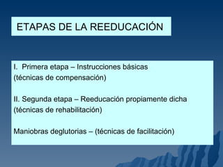 ETAPAS DE LA REEDUCACIÓN  I.  Primera etapa – Instrucciones básicas (técnicas de compensación) II. Segunda etapa – Reeducación propiamente dicha (técnicas de rehabilitación) Maniobras deglutorias – (técnicas de facilitación) 