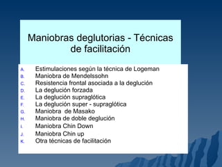 Maniobras deglutorias - Técnicas de facilitación Estimulaciones según la técnica de Logeman Maniobra de Mendelssohn  Resistencia frontal asociada a la deglución La deglución forzada La deglución supraglótica La deglución super - supraglótica Maniobra  de Masako Maniobra de doble deglución Maniobra Chin Down Maniobra Chin up Otra técnicas de facilitación 