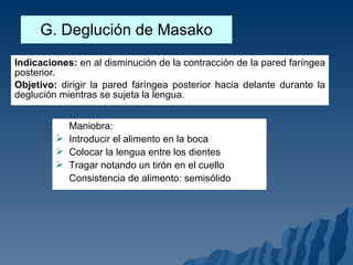 G. Deglución de Masako Indicaciones:  en al disminución de la contracción de la pared faríngea posterior. Objetivo:  dirigir la pared faríngea posterior hacia delante durante la deglución mientras se sujeta la lengua. Maniobra: Introducir el alimento en la boca Colocar la lengua entre los dientes Tragar notando un tirón en el cuello Consistencia de alimento: semisólido 