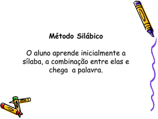 Método Silábico O aluno aprende inicialmente a sílaba, a combinação entre elas e chega  a palavra. 