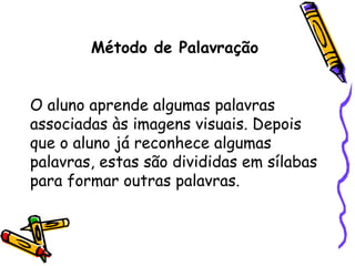 Método de Palavração O aluno aprende algumas palavras associadas às imagens visuais. Depois que o aluno já reconhece algumas palavras, estas são divididas em sílabas para formar outras palavras. 