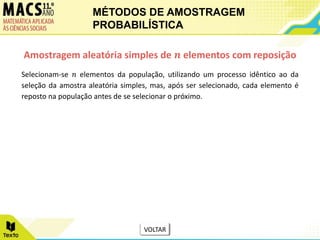 Selecionam-se 𝑛 elementos da população, utilizando um processo idêntico ao da
seleção da amostra aleatória simples, mas, após ser selecionado, cada elemento é
reposto na população antes de se selecionar o próximo.
Amostragem aleatória simples de 𝒏 elementos com reposição
MÉTODOS DE AMOSTRAGEM
PROBABILÍSTICA
VOLTAR
 