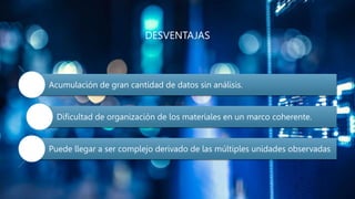 DESVENTAJAS
Acumulación de gran cantidad de datos sin análisis.
Dificultad de organización de los materiales en un marco coherente.
Puede llegar a ser complejo derivado de las múltiples unidades observadas
 