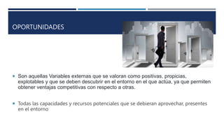 OPORTUNIDADES
 Son aquellas Variables externas que se valoran como positivas, propicias,
explotables y que se deben descubrir en el entorno en el que actúa, ya que permiten
obtener ventajas competitivas con respecto a otras.
 Todas las capacidades y recursos potenciales que se debieran aprovechar, presentes
en el entorno
 