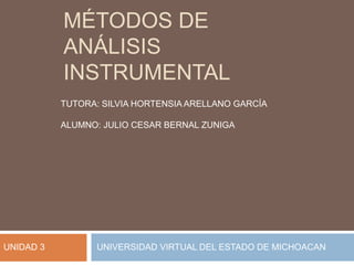 MÉTODOS DE
ANÁLISIS
INSTRUMENTAL
TUTORA: SILVIA HORTENSIA ARELLANO GARCÍA
ALUMNO: JULIO CESAR BERNAL ZUNIGA
UNIVERSIDAD VIRTUAL DEL ESTADO DE MICHOACANUNIDAD 3
 