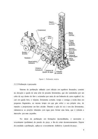 4
Figura 1 – Perfuratriz rotativa
2.2.2 Perfuração à percussão
Sistema de perfuração utilizado com eficácia em aquíferos fissurados, consiste
na elevação e queda de uma série de pesadas ferramentas, que são sustentadas por um
cabo de aço dentro do furo e acionadas por meio de um balancim de curso regulável. Ao
cair em queda livre, o trépano, ferramenta cortante, rompe e esmaga a rocha dura em
pequenos fragmentos, ao mesmo tempo em que gira sobre o seu próprio eixo, de
maneira a proporcionar um furo circular. Durante a ação de vai e vem das ferramentas,
misturam-se as porções trituradas com água para formar uma lama, que é retirada a
intervalos por uma caçamba.
No início da perfuração em formações inconsolidadas, é necessário o
revestimento (preliminar) da parede do poço, a fim de evitar desmoronamentos. Depois
de concluída a perfuração, aplica-se o revestimento definitivo à parede do poço.
 