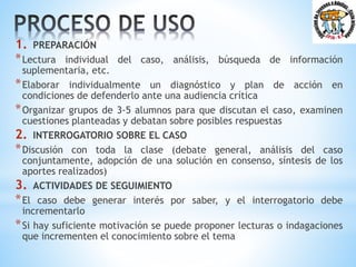 1. PREPARACIÓN
*Lectura individual del caso, análisis, búsqueda de información
suplementaria, etc.
*Elaborar individualmente un diagnóstico y plan de acción en
condiciones de defenderlo ante una audiencia crítica
*Organizar grupos de 3-5 alumnos para que discutan el caso, examinen
cuestiones planteadas y debatan sobre posibles respuestas
2. INTERROGATORIO SOBRE EL CASO
*Discusión con toda la clase (debate general, análisis del caso
conjuntamente, adopción de una solución en consenso, síntesis de los
aportes realizados)
3. ACTIVIDADES DE SEGUIMIENTO
*El caso debe generar interés por saber, y el interrogatorio debe
incrementarlo
*Si hay suficiente motivación se puede proponer lecturas o indagaciones
que incrementen el conocimiento sobre el tema
 