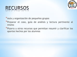 *Aula y organización de pequeños grupos
*Preparar el caso, guía de análisis y lectura pertinente al
mismo
*Pizarra u otros recursos que permitan resumir y clarificar los
aportes hechos por los alumnos
 