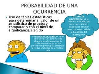 El nivel de
   Uso de tablas estadísticas                           significancia: Es la
    para determinar el valor de un                      máxima cantidad de
    estadístico de prueba y                              error que estamos
    compararlo con el nivel de                           dispuestos aceptar
    significancia elegido                               para dar como válida
                                                           la hipótesis del
                                                            investigador.
                  Un estadístico de prueba es aquel
                    calculado de una sola muestra
                    aleatoria simple tomada de la
                     población de interés, en una
                 prueba de hipótesis para establecer
                 la verdad o falsedad de la hipótesis
                                 nula
 
