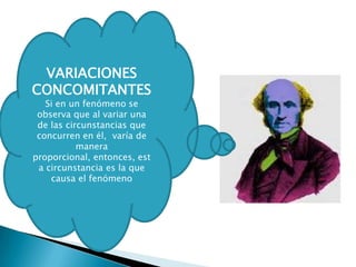 VARIACIONES
CONCOMITANTES
   Si en un fenómeno se
 observa que al variar una
 de las circunstancias que
 concurren en él, varía de
           manera
proporcional, entonces, est
 a circunstancia es la que
    causa el fenómeno
 