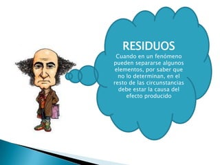 RESIDUOS
 Cuando en un fenómeno
pueden separarse algunos
 elementos, por saber que
  no lo determinan, en el
resto de las circunstancias
  debe estar la causa del
     efecto producido
 