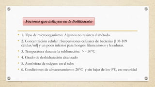 Factores que influyen en la liofilización
• 1. Tipo de microorganismo: Algunos no resisten el método.
• 2. Concentración celular : Suspensiones celulares de bacterias [108-109
células/ml] y un poco inferior para hongos filamentosos y levaduras.
• 3. Temperatura durante la sublimación: > - 50°C
• 4. Grado de deshidratación alcanzado
• 5. Atmósfera de oxígeno en el tubo
• 6. Condiciones de almacenamiento: 20°C y sin bajar de los 0ºC, en oscuridad
 