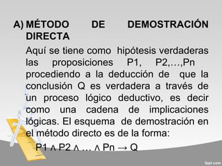 A) MÉTODO         DE      DEMOSTRACIÓN
   DIRECTA
   Aquí se tiene como hipótesis verdaderas
   las proposiciones P1, P2,…,Pn
   procediendo a la deducción de que la
   conclusión Q es verdadera a través de
   un proceso lógico deductivo, es decir
   como una cadena de implicaciones
   lógicas. El esquema de demostración en
   el método directo es de la forma:
      P1 ∧ P2 ∧ … ∧ Pn → Q
 