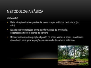 METODOLOGIA BÁSICA 
BIOMASSA 
• Determinação direta e precisa da biomassa por métodos destrutivos (ou 
não) 
• Estabelecer correlações entre as informações do inventário, 
geoprocessamento e teores de carbono 
• Desenvolvimento de equações ligando os pesos verdes e secos, e os teores 
de carbono para gerar equações de conteúdo de carbono estocado 
 