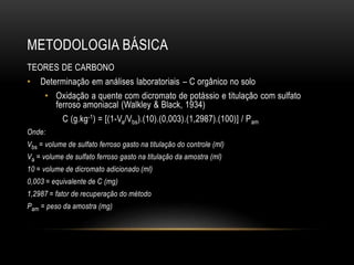 METODOLOGIA BÁSICA 
TEORES DE CARBONO 
• Determinação em análises laboratoriais – C orgânico no solo 
• Oxidação a quente com dicromato de potássio e titulação com sulfato 
ferroso amoniacal (Walkley & Black, 1934) 
C (g.kg-1) = [(1-Va/Vbs).(10).(0,003).(1,2987).(100)] / Pam 
Onde: 
Vbs = volume de sulfato ferroso gasto na titulação do controle (ml) 
Va = volume de sulfato ferroso gasto na titulação da amostra (ml) 
10 = volume de dicromato adicionado (ml) 
0,003 = equivalente de C (mg) 
1,2987 = fator de recuperação do método 
Pam = peso da amostra (mg) 
