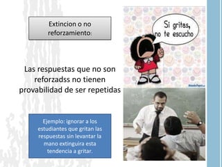 Extincion o no
reforzamiento:
Las respuestas que no son
reforzadss no tienen
provabilidad de ser repetidas
Ejemplo: ignorar a los
estudiantes que gritan las
respuestas sin levantar la
mano extinguira esta
tendencia a gritar.
 