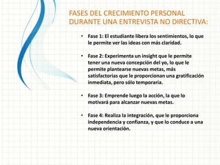 FASES DEL CRECIMIENTO PERSONAL
DURANTE UNA ENTREVISTA NO DIRECTIVA:
• Fase 1: El estudiante libera los sentimientos, lo que
le permite ver las ideas con más claridad.
• Fase 2: Experimenta un insight que le permite
tener una nueva concepción del yo, lo que le
permite plantearse nuevas metas, más
satisfactorias que le proporcionan una gratificación
inmediata, pero sólo temporaria.
• Fase 3: Emprende luego la acción, la que lo
motivará para alcanzar nuevas metas.
• Fase 4: Realiza la integración, que le proporciona
independencia y confianza, y que lo conduce a una
nueva orientación.
 