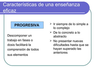 Características de una enseñanza
eficaz
PROGRESIVA
Descomponer un
trabajo en fases o
dosis facilitará la
comprensión de todos
sus elementos
 Ir siempre de lo simple a
lo complejo
 De lo concreto a lo
abstracto
 No presentar nuevas
dificultades hasta que se
hayan superado las
anteriores
 